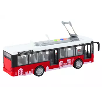 LEAN TOYS Trolleybus Bus 1:16 valdomas su šviesomis ir garsu, baltas ir raudonas