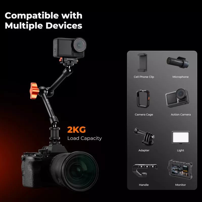 KF Magic Arm Super Clamp tvirtinimo rinkinys su 1/4 colio ir 3/8 colio sriegiais, 15-55mm žnyplėmis, ISO Cold Shoe