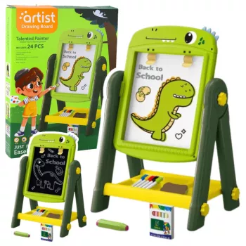 LEAN TOYS dvikryptė magnetinė rašymo lenta su dinozauru, žalia, su priedais