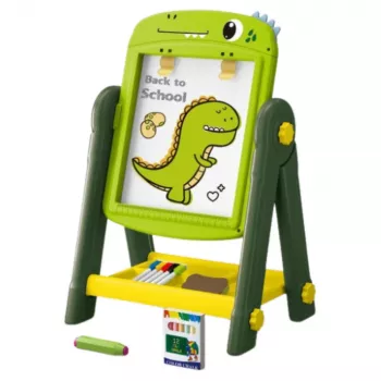LEAN TOYS dvikryptė magnetinė rašymo lenta su dinozauru, žalia, su priedais