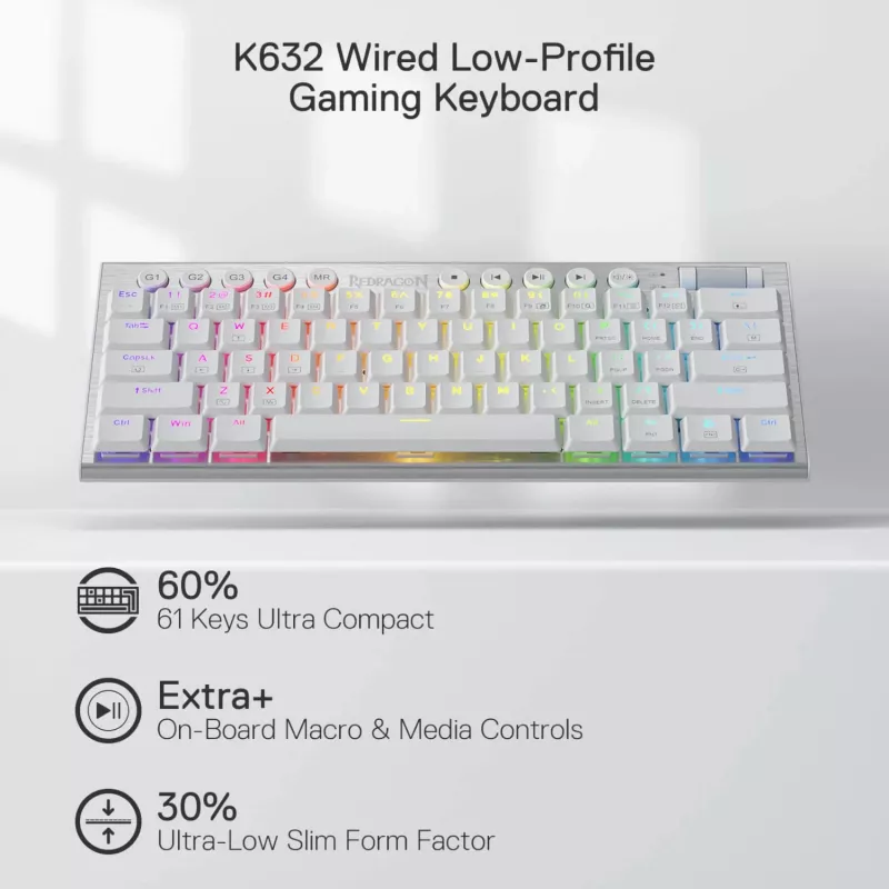 Redragon K632 HORUS Mini 60% RGB laidinis žaidimų klaviatūra - balta