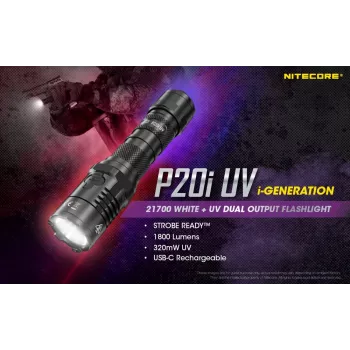 Nitecore NT-P20I-UV taktinis žibintuvėlis su UV šviesa, 1800 liumenų, USB-C įkrovimas, IP68, juodos spalvos