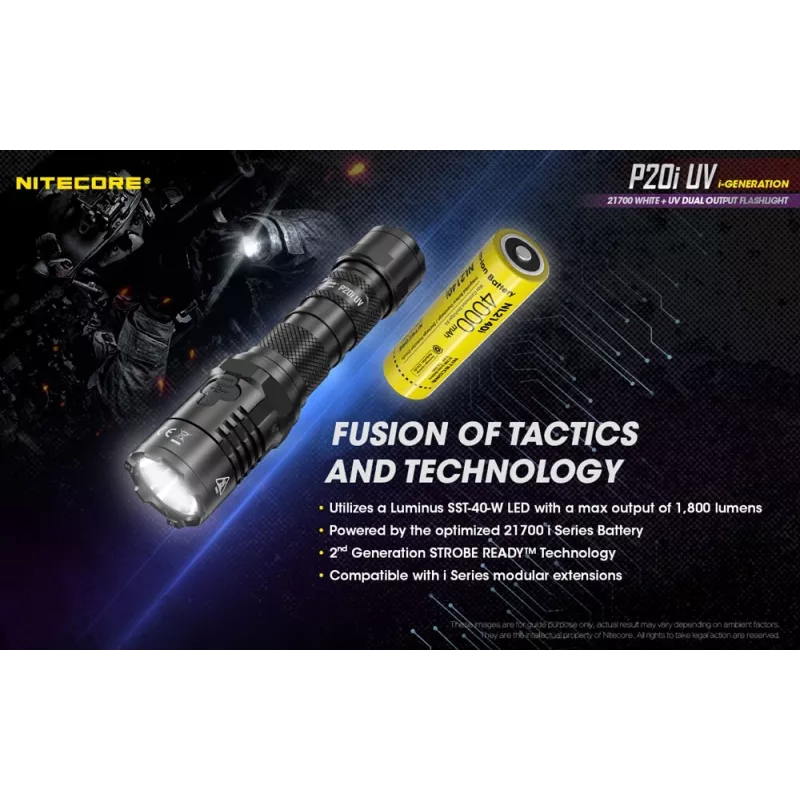 Nitecore NT-P20I-UV taktinis žibintuvėlis su UV šviesa, 1800 liumenų, USB-C įkrovimas, IP68, juodos spalvos