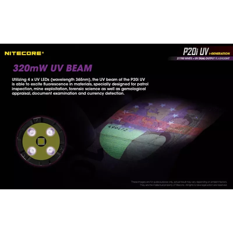 Nitecore NT-P20I-UV taktinis žibintuvėlis su UV šviesa, 1800 liumenų, USB-C įkrovimas, IP68, juodos spalvos