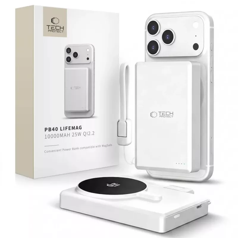 TECH-PROTECT PB40 LIFEMAG MagSafe Power Bank 10000mAh 25W Qi2.2 balta/sidabrinė
