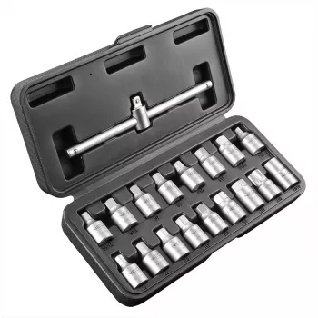 NEO TOOLS Alyvos išleidimo raktų rinkinys 3/8 colio pavara, 18 dalių, chromvanadis, kvadratiniai/šešiabriauniai/Torx/spline lizdai, dėkle su įdėklais