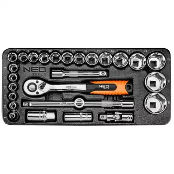 NEO TOOLS 84-238 1/2 colio lizdinių raktų rinkinys 27 vnt. su reketu, prailginimais, universaliąja jungtimi, slankiąja T rankena ir dėklu | CrV plienas | 10-32 mm