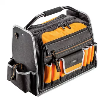 NEO TOOLS 84-301 18 kišenių 600D poliesterio įrankių krepšys su sustiprintu vandeniui atspariu dugnu, juoda/oranžinė
