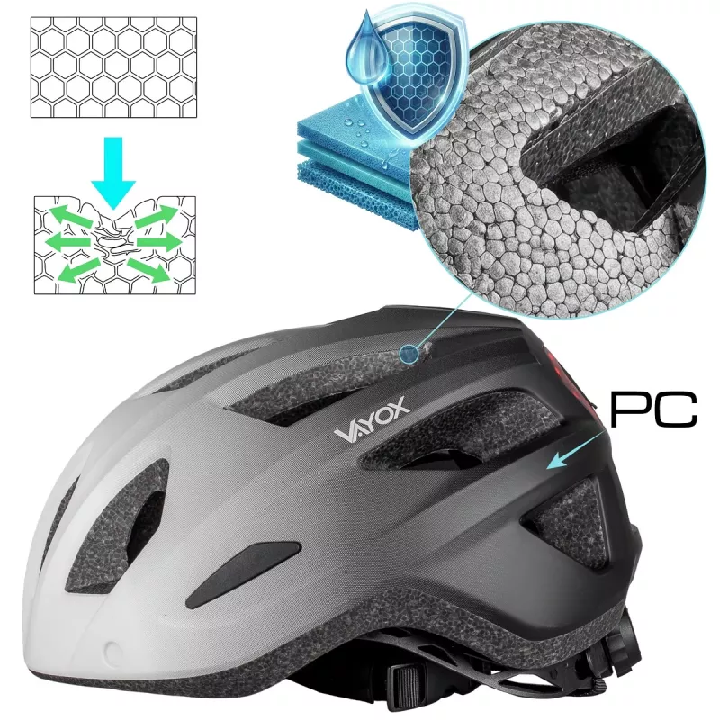 Vayox Active dviračių šalmas su LED šviesa, baltas-juodas, M dydis (54-58 cm)