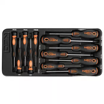 NEO TOOLS 12 dalių precizinių ir standartinių atsuktuvų rinkinys su PZ, TX, plokščiais, Phillips, magnetiniais antgaliais, chromo vanadžio plieno, dviejų medžiagų rankenomis, laikymo dėklu