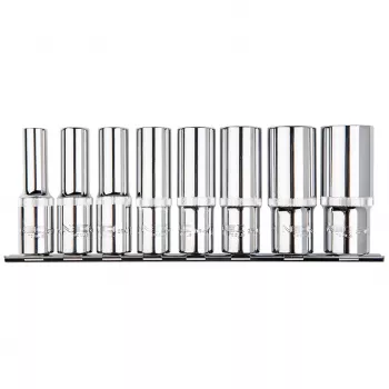 NEO TOOLS 1/2 colio ilgųjų spline lizdų rinkinys, 8 vnt., M5-M18, chromo vanadžio plienas, DIN 3121