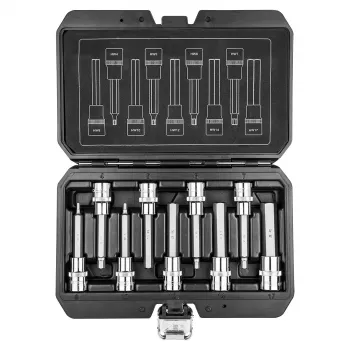 NEO TOOLS TOP-08-706 9 dalių 1/2 colio šešiabriaunių antgalių lizdų rinkinys, 100 mm ilgio antgaliai, dydžiai H5-H19, chromvanadžio ir S2 plieno