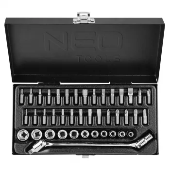 NEO TOOLS 1/4 colio veržliarakčių komplektas, 41 vnt., chromo vanadžio plienas, 72 dantų reketas, metriniai dydžiai 4-14 mm, su antgaliais ir priedais
