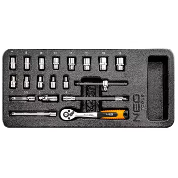 NEO TOOLS 1/4 colio veržliarakčių komplektas, 19 dalių, įdėklas
