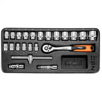 NEO TOOLS 3/8 inch pavaros 22 dalių veržliarakčių komplektas su EVA padėklu, chromo vanadžio plienas, 6-22 mm, 72 dantų greito atleidimo reketas, prailginimai, universalus šarnyras, žvakių veržliarakčiai