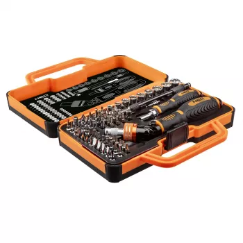 NEO TOOLS 69 dalių atsuktuvų antgalių rinkinys su reketine rankena, S2 plieno antgaliai, 1/4 inch hex, Phillips, Pozi, Slotted, Torx, Hex, Square, Spanner, Tri-Wing, Torq-Set, magnetinis laikiklis, dėklas