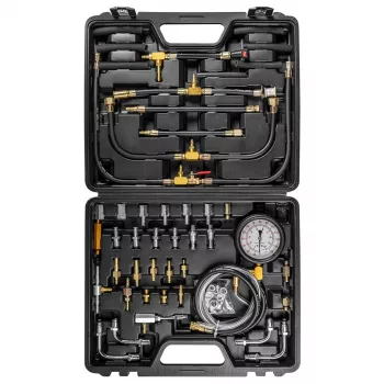 NEO TOOLS degalų įpurškimo sistemos testavimo rinkinys su 0-140 PSI glicerinu užpildytu manometru, 29 adapteriais ir formuotu dėklu