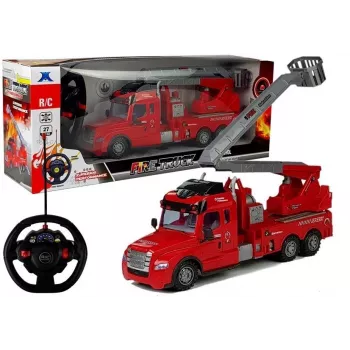LEAN TOYS gaisrinis automobilis su kopėčiomis ir nuotolinio valdymo pultu, mastelis 1:14, 2.4GHz, vandens purškimas, šviesos ir garsai