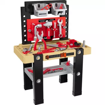 NEO TOOLS Mini vaikų įrankių dirbtuvės 3-in-1 lagaminas kuprinė darbastalis su 40+ aksesuarų, žaislinis grąžtas, įrankiai, veržlės ir varžtai, nuo 3 metų