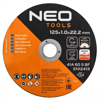 NEO TOOLS pjovimo diskai metalui 41A 60 S BF - 125x1,0x22,23 mm PLIENUI/NERŪDIJANČIAM PLIENUI, 100 vnt. kibire