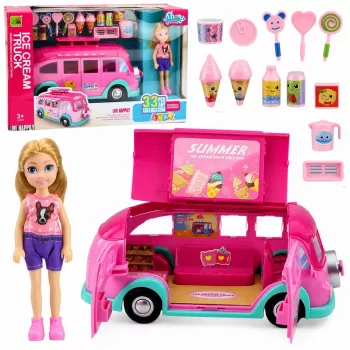LEAN TOYS ledų furgonėlis lėlėms su žaidimo rinkiniu, sulankstomas, rožinis, 33 detalės