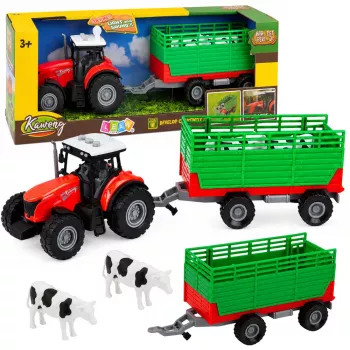 LEAN TOYS traktorius su priekaba gyvūnų transportavimui, karvės figūrėlės, šviesos ir garsai, 4 vnt.