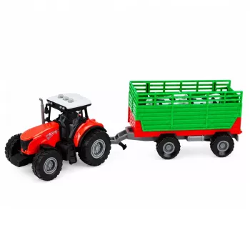 LEAN TOYS traktorius su priekaba gyvūnų transportavimui, karvės figūrėlės, šviesos ir garsai, 4 vnt.
