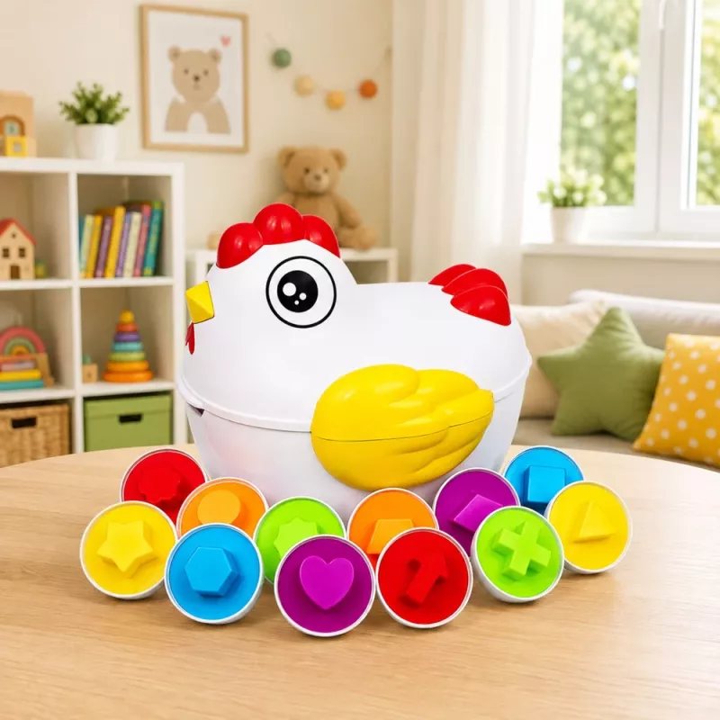 LEAN TOYS Educational Hen 12 Egg Sorter mokomasis vištos formų ir spalvų rūšiuoklis
