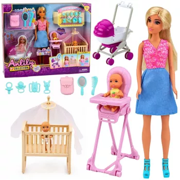 LEAN TOYS Anlily Mamos ir Dvynukų Kūdikių Lėlių Rinkinys su Priedais