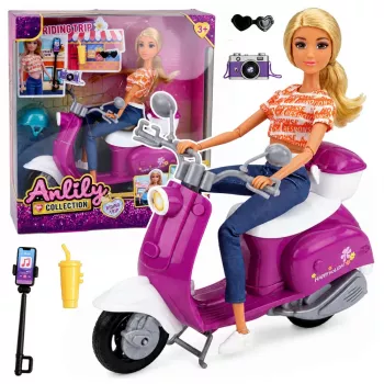LEAN TOYS Anlily Traveler lėlė su paspirtuku, akiniais, telefono laikikliu ir aksesuarais