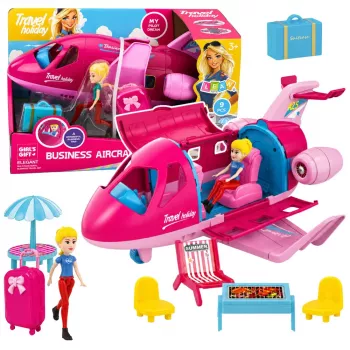 LEAN TOYS Sulankstomas lėktuvas lėlėms kelionių rinkinys su aksesuarais, rožinis, 9 vnt.