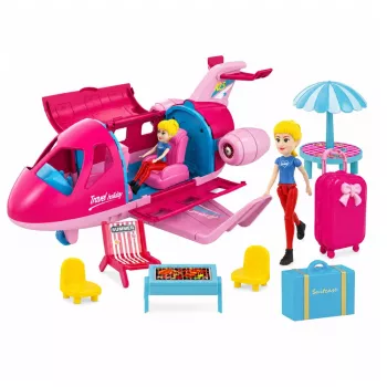 LEAN TOYS Sulankstomas lėktuvas lėlėms kelionių rinkinys su aksesuarais, rožinis, 9 vnt.