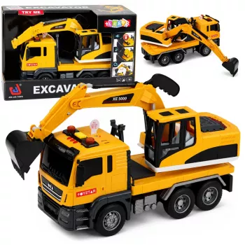 LEAN TOYS 1:14 nuotolinio valdymo ekskavatorius su judančiu kaušu, žibintais ir garsais – geltonas