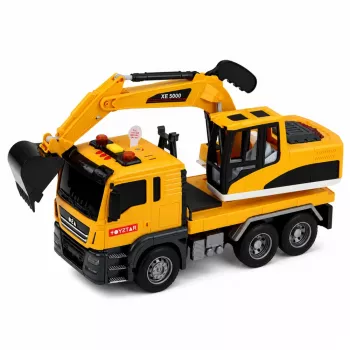 LEAN TOYS 1:14 nuotolinio valdymo ekskavatorius su judančiu kaušu, žibintais ir garsais – geltonas