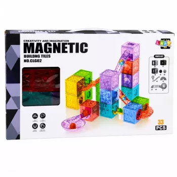 LEAN TOYS Magnetiniai konstrukcijos blokeliai Kubeliai ir kamuoliuko trasa spalvoti 28 vnt.