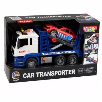 LEAN TOYS Lora vilkikas su automobiliuku, varomas stumiant, su šviesomis ir garsais, mėlynas