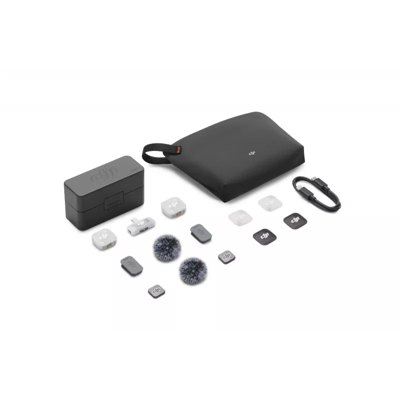 DJI Mic Mini 2 belaidė mikrofonų sistema (2 TX + 1 Mobile RX + įkrovimo dėklas), balta