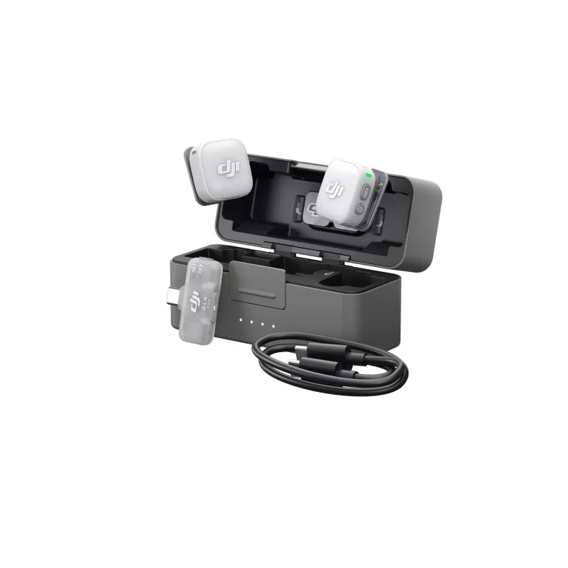 DJI Mic Mini 2 belaidė mikrofonų sistema (2 TX + 1 Mobile RX + įkrovimo dėklas), balta