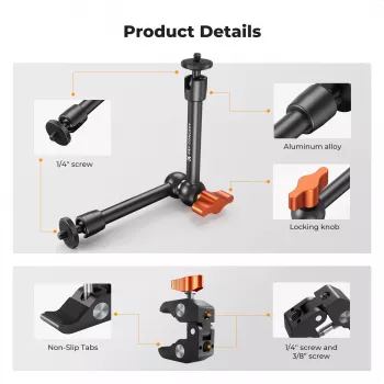 KF Magic Arm + Super Clamp tvirtinimo rinkinys su 1/4 colio ir 3/8 colio sriegiais, 15-55 mm žiaunomis, juodas