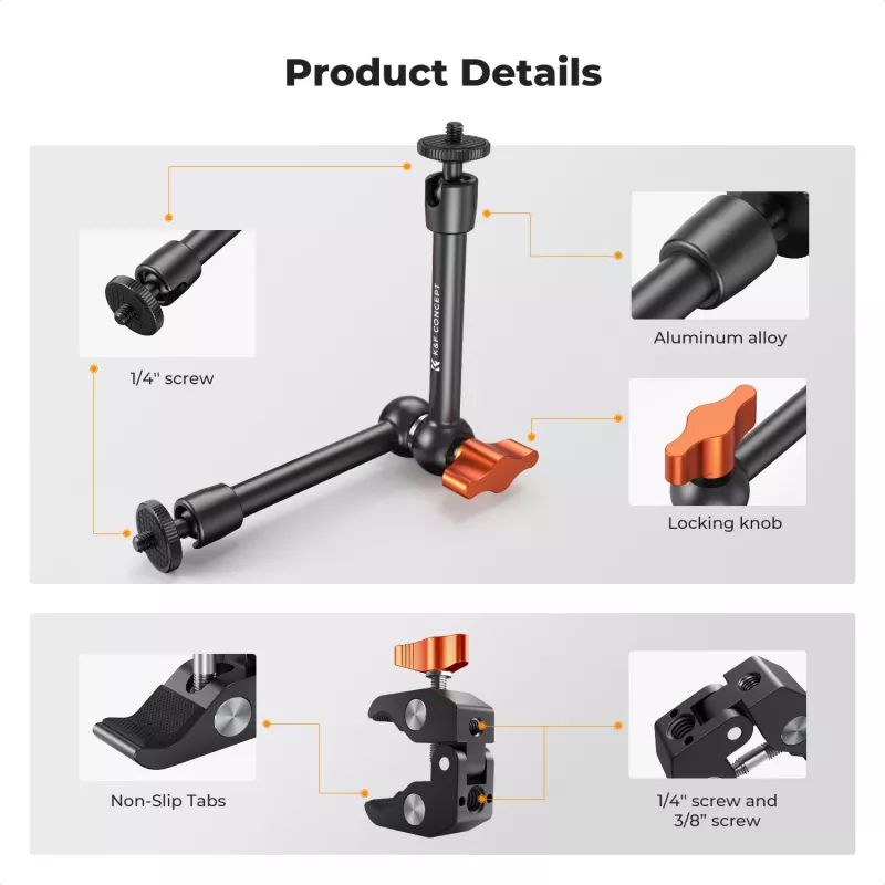 KF Magic Arm + Super Clamp tvirtinimo rinkinys su 1/4 colio ir 3/8 colio sriegiais, 15-55 mm žiaunomis, juodas