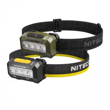 Nitecore HA19 600 liumenų balta ir raudona LED priekinė lempa su IPX7 atsparumu vandeniui, 100 m šviesos spinduliu, dviejų mygtukų sąsaja, atšvaitais papuoštu galvos dirželiu, maitinama 3 AAA baterijomis
