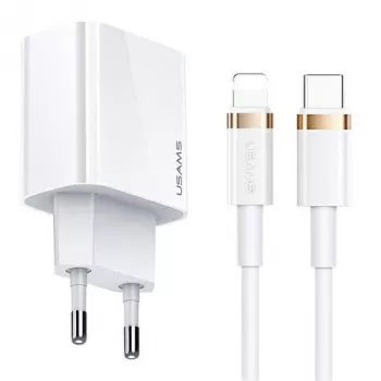 USAMS T34 20W USB-C PD sieninis įkroviklis su U63 USB-C į Lightning kabeliu - baltas