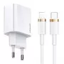 USAMS T34 20W USB-C PD sieninis įkroviklis su U63 USB-C į Lightning kabeliu - baltas