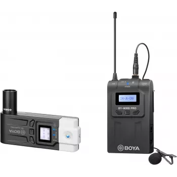 BOYA BY-WM8 Pro-K7 dviejų kanalų UHF belaidė lavalier mikrofonų sistema su 48 kanalais, 100 m veikimo nuotoliu, prie fotoaparato tvirtinamu imtuvu (568-590 MHz)