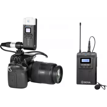 BOYA BY-WM8 Pro-K7 dviejų kanalų UHF belaidė lavalier mikrofonų sistema su 48 kanalais, 100 m veikimo nuotoliu, prie fotoaparato tvirtinamu imtuvu (568-590 MHz)