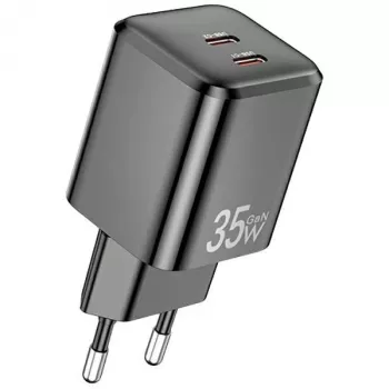 AWEI PD65-EU 35W GaN sieninis įkroviklis, 2x USB-C, juodas