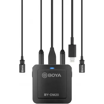 BOYA BY-DM20 dviejų kanalų skaitmeninis kondensacinis mikrofonas su USB-C, Lightning ir USB-A jungtimis, visakryptis, 25Hz-20kHz, skirtas iOS, Android, Windows, Mac
