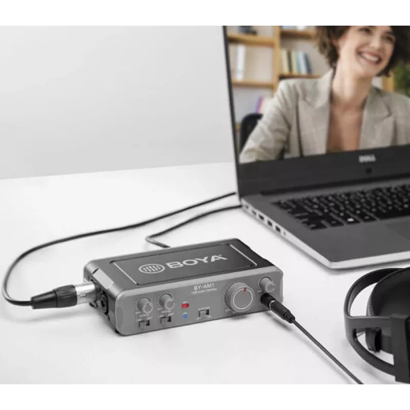 BOYA BY-AM1 2 kanalų USB-C garso sąsaja su XLR/TRS įėjimais, +48V fantominiu maitinimu ir tiesioginiu monitoravimu