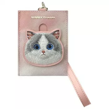 NIMMY Big Eyed Pet 2.0 Cat Pink PU odinis kortelių laikiklis su 6 kortelių lizdais, monetų kišene ir užtrauktuku