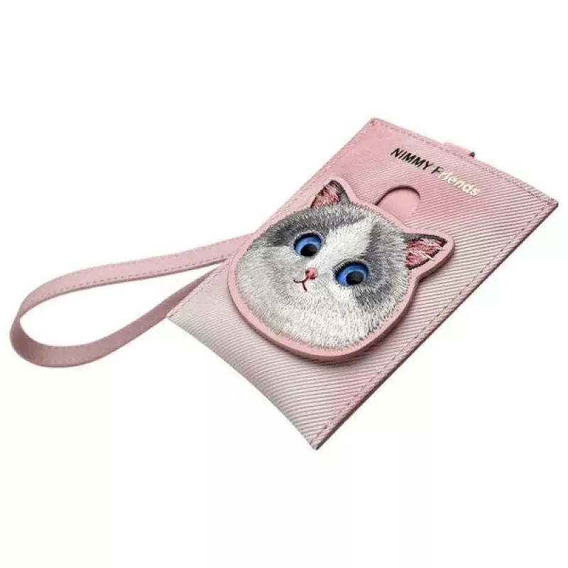 NIMMY Big Eyed Pet 2.0 Cat Pink PU odinis kortelių laikiklis su 6 kortelių lizdais, monetų kišene ir užtrauktuku